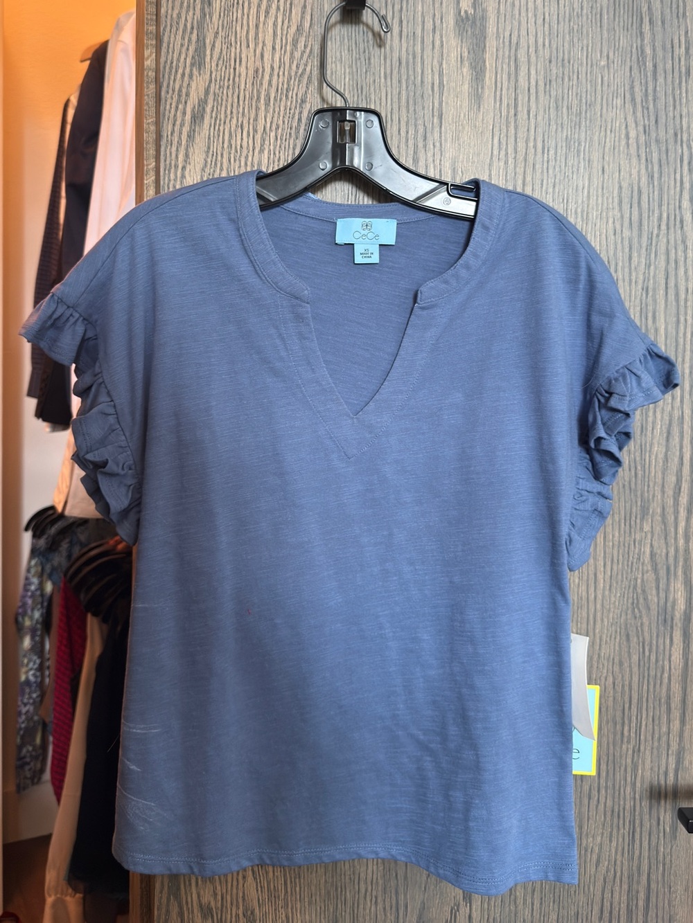 CeCe Slate Blue Ruffle Sleeve V-Notch Short Sleeve Top